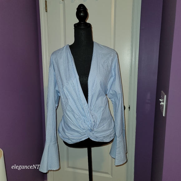 Fashion to Figure Blue/White Pinstripe knot Front L/S wrap shirt  Sz: 0X NWT - Picture 9 of 9